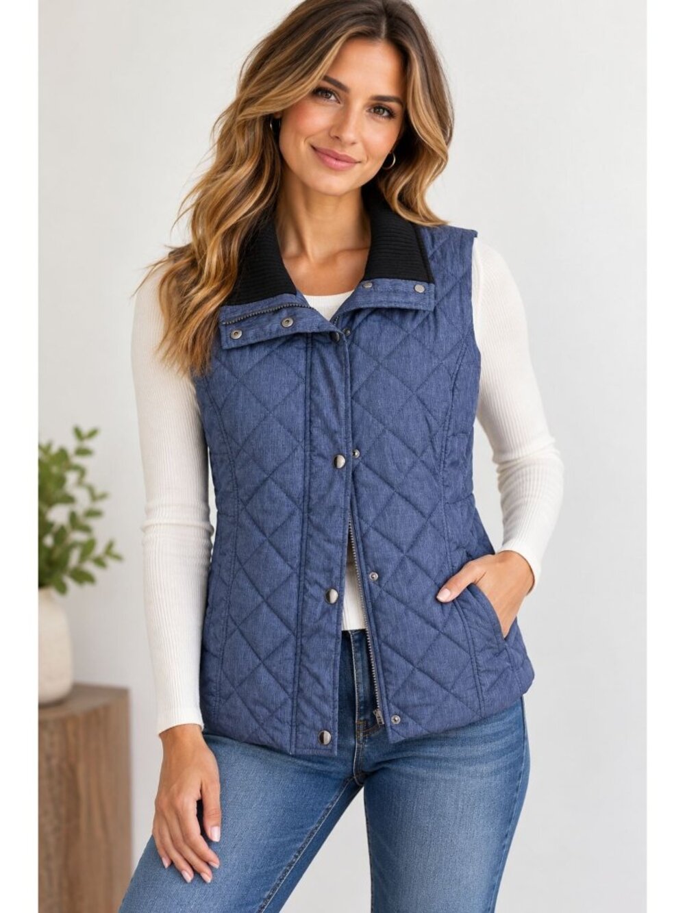 Charter Club Quilted Vest Blue Black Collar Size M 10-12